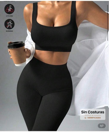 2 PIEZAS TOP DE TIRANTES Y LEGGINS SIN COSTURAS- CONJUNTO TOP Y LICRA NEGRO 