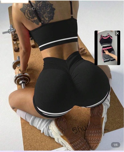 TVC CONJUNTO DE SUJETADOR DEPORTIVO SIN COSTURAS- CONJUNTO TOP Y SHORT NEGRO